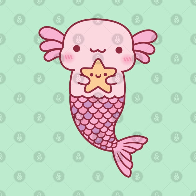 Cute Pink Axolotl Mermaid Holding Starfish by rustydoodle