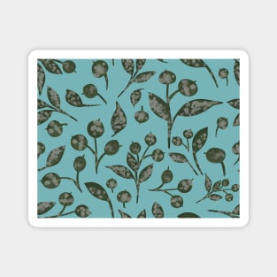 Seamless pattern with snow-covered berries. Hand drawn watercolor blueberries and leaves on turquoise. Perfect for greeting card, postcard, poster, logo, textile, fabric, packaging, wrapping paper. Magnet