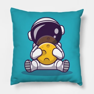 Cute Astronaut Holding Moon Cartoon Vector Icon Illustration Pillow