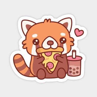 Cute Little Red Panda Loves Eating Pepperoni Pizza Magnet