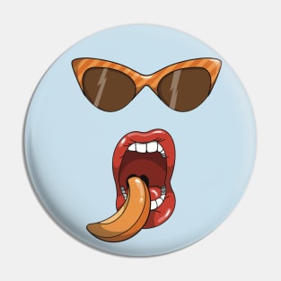 Mouth about to eat a slice of a peach while wearing matching orange striped sun glasses. Pin