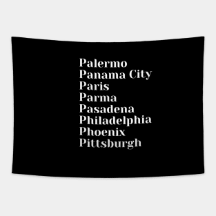 Cities starting with the letter, P, Mug, Tote, Pin Tapestry