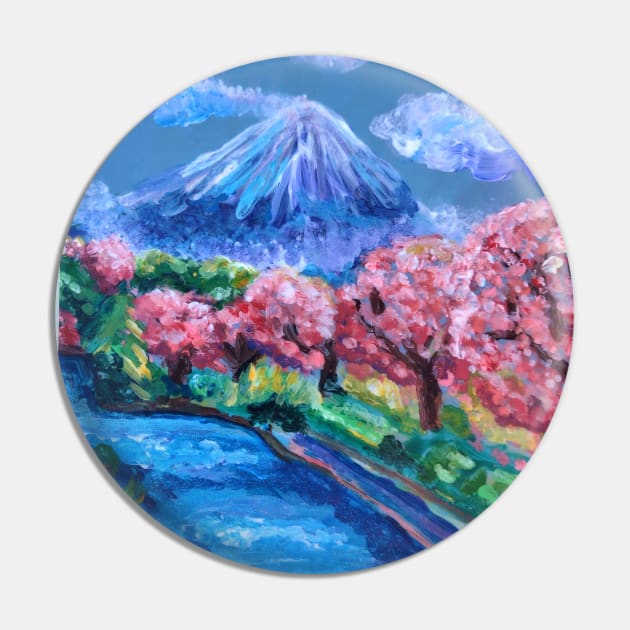 Japanese Cherry Blossom Mountain Pin by Art by Deborah Camp