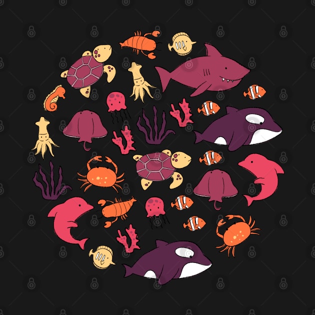 Cute and colorful Pink Sea Animals Drawing by MariOyama