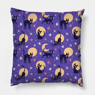 Moonlit Cats on Blue Pillow