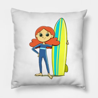 girl dressed in a swimming suit with a surfboard on the water Pillow