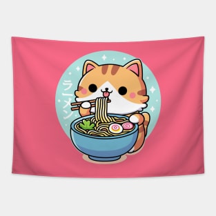 Cute Cat Eating Ramen Noodles Kawaii Tapestry