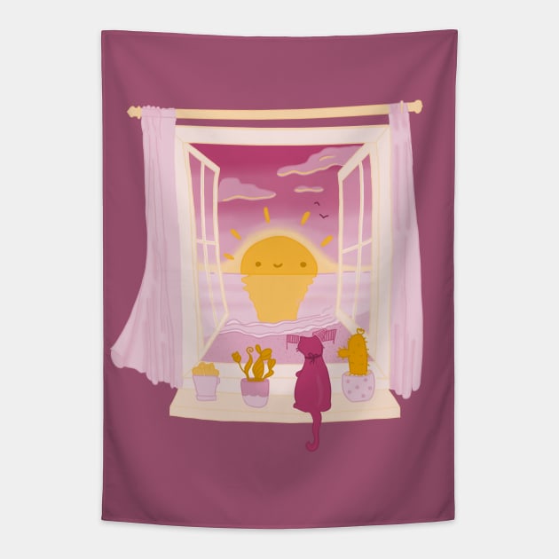 cute sunset window Tapestry by moonlitdoodl