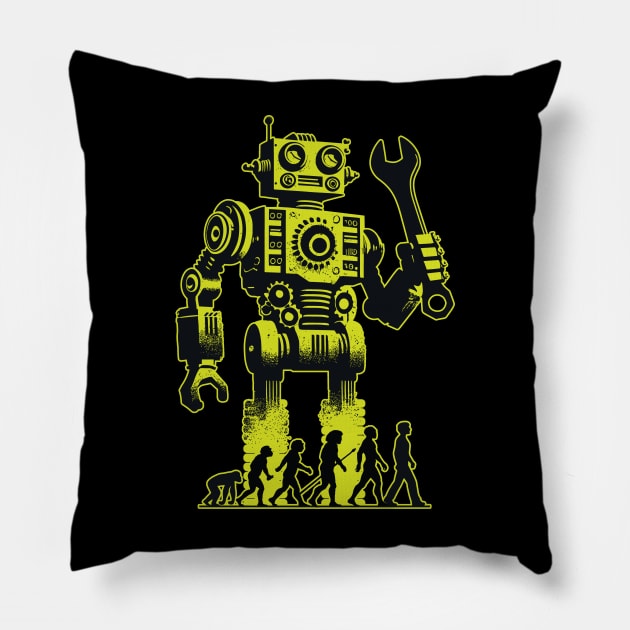 Evolution of Technology - Funny Retro Robot Mechanic Humor Pillow by Graphic Duster