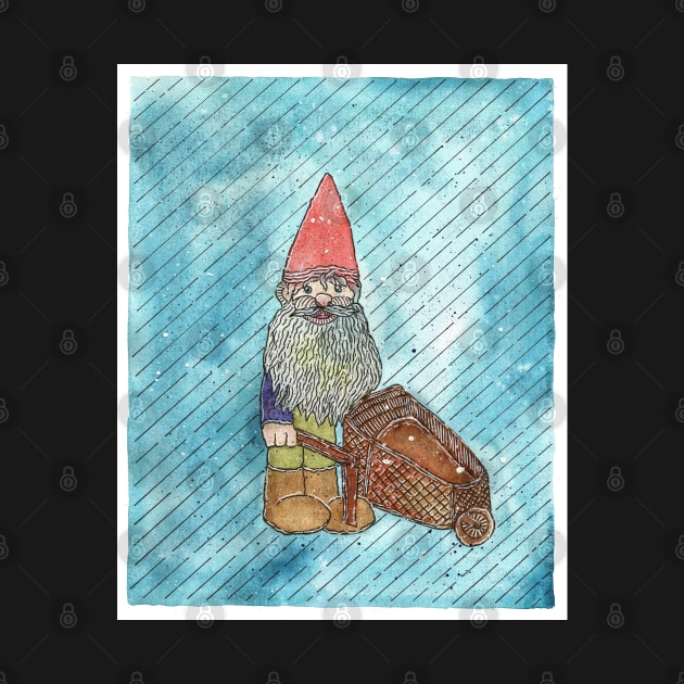 Snowy Garden Gnome With Wheelbarrow by Maries Papier Bleu