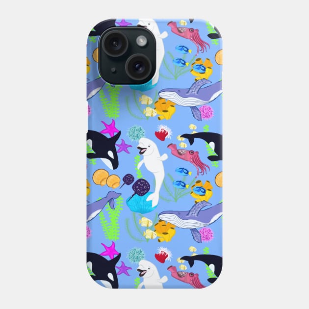 Whales and Sea Creatures Pattern - Light Blue Phone Case by Brushes with Nature