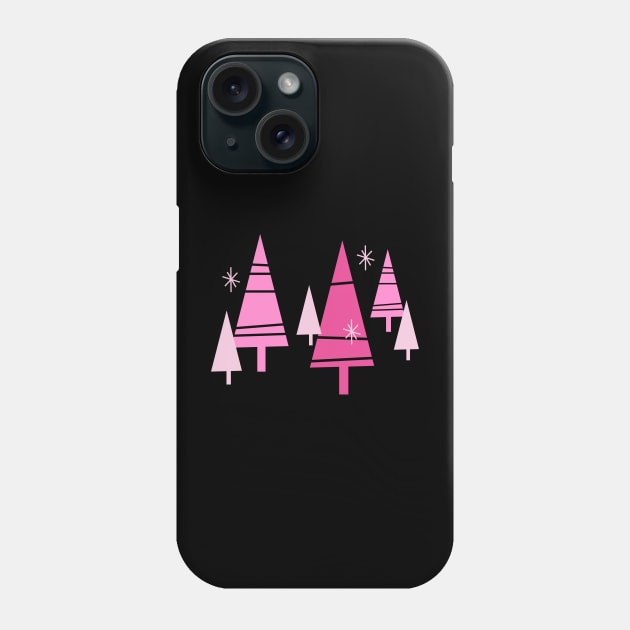 Retro Christmas Trees Pink - Mid Century Modern Black Phone Case by PUFFYP