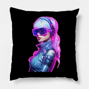 Cyberpunk Futuristic Neon Woman with Pink Visor Shades Graphic Pillow