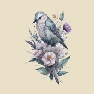 Little Bird around Flowers: Scattered Watercolor in Pastel Colors. T-Shirt