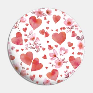 Hearts and Cherry blossom flowers watercolor print. Pink romantic valentine composition. Spring Sakura blossom Pin