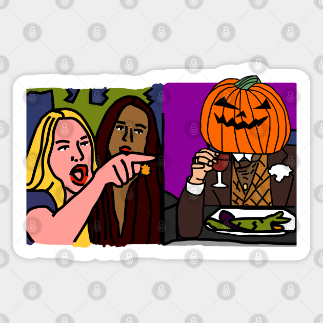 Halloween Horror Woman Yelling at Cat Memes with Pumpkin Head Leonardo - Memes - Sticker