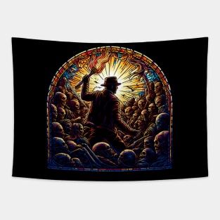 Epic Explorer in Mystical Crypt - Stained Glass - Vintage Adventure Tapestry