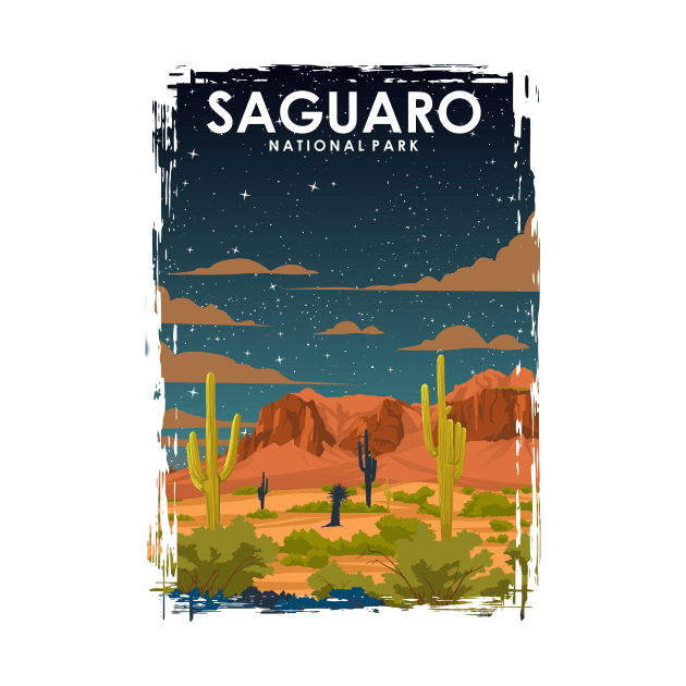 Saguaro National Park Vintage Minimal Retro Travel Poster at Night by jornvanhezik