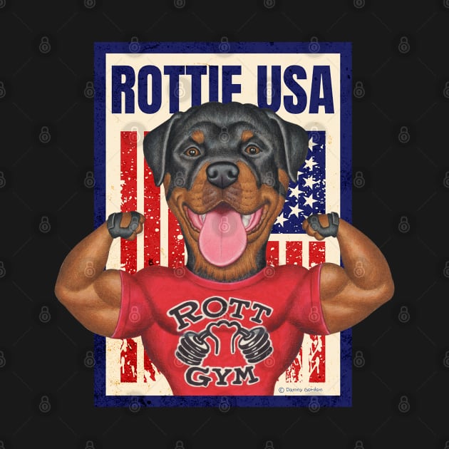 Rottie red white blue patriotic Rottweiler USA with Muscles fun gym by Danny Gordon Art