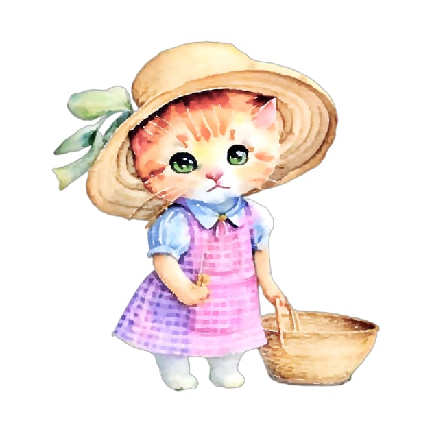 Cute kitten in pink gingham dress and straw hat children’s illustration I by SophieClimaArt