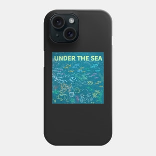 under the sea,blue sea,sea creatures,Turtle, puffer fish, starfish, shrimp, shark, tropical fish, sea horse, seaweed, sardines, squid, crabs, clams Phone Case