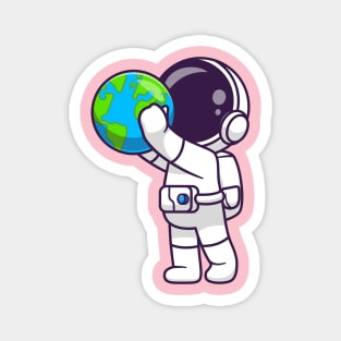 Cute Astronaut Holding Earth Globe Cartoon Magnet