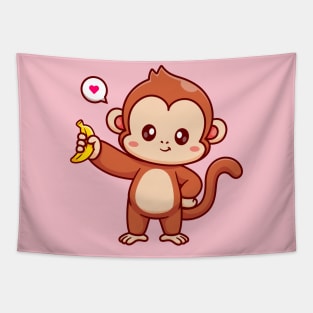 Cute Monkey Holding Banana Cartoon Tapestry