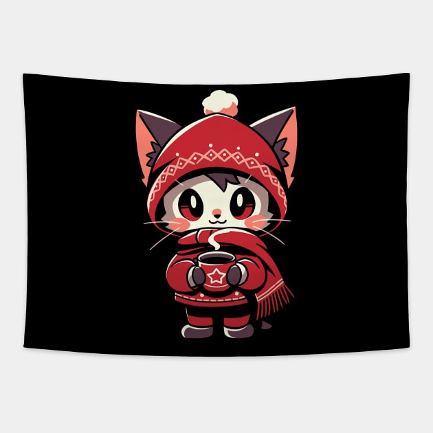 Adorable Kawaii Christmas Coffee Cat Tapestry by Indigo Lake