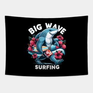 Surf's Up: Fun Shark With A Surfboard For Big Wave Surfing Tapestry