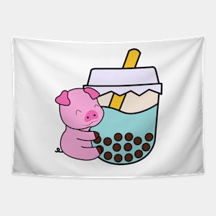 Kawaii Cute Happy Baby Pig Hugs Sweet Bubble Tea Blue Boba Tea Tapestry