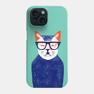 London Hipster Cat Retro Poster Vintage Art Hipster Wall Turquoise Blue Illustration Phone Case