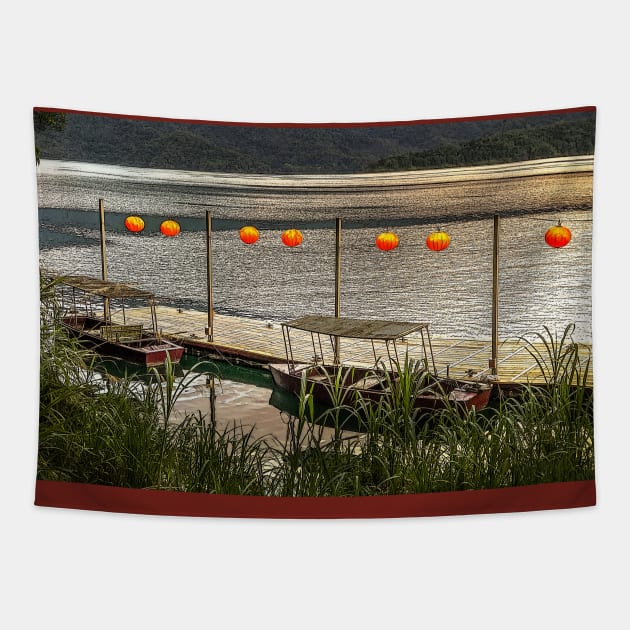 Two Boats Sun Moon Lake Tapestry by JerryGranamanPhotos71