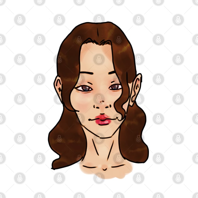 Pretty Asian Girl With Brown Hair And Red Lips Portrait Art by Lillama Sketch