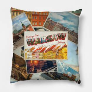 Greetings from Warsaw in Poland Vintage style retro souvenir Pillow