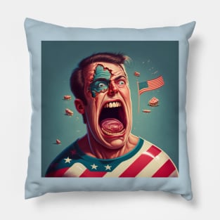 Funny illustration of man with open mouth wearing t-shirt in flag of America Pillow