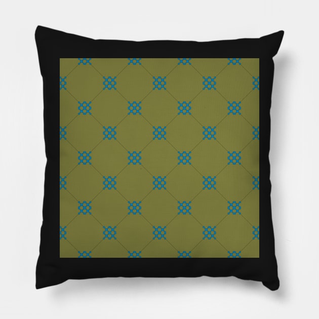 Diamond pattern on dark olive green background with interlocking teal blue motifs. A simple design with classic style. Pillow by innerspectrum