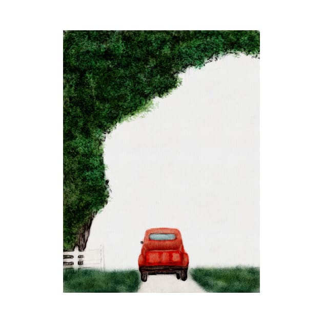 Vintage Red Truck on Country Road with White Picket Fence and Lush Tree Watercolor by penandbea