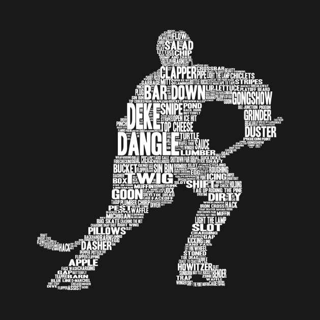 Hockey Player Word Slang Cloud Silhouette (White Font) by HockeyShirts