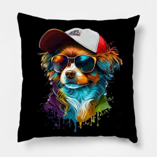 Colourful cool Chihuahua dog with sunglasses and Cap Pillow