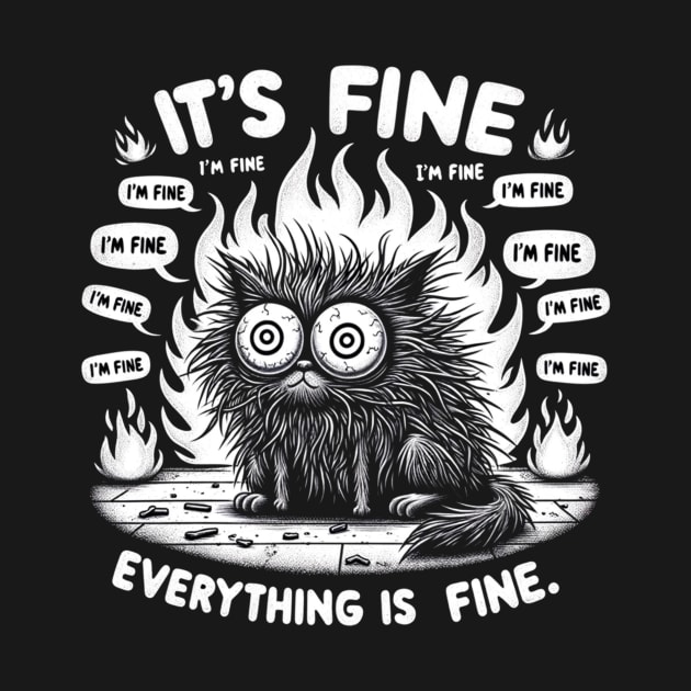 Black Cat It's Fine I'm Fine Everything Is Fine T-Shirt by monicasan