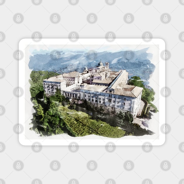 Historic Montecassino Abbey / Mountains of Italy Near Rome / Watercolour Painting Magnet by Naumovski