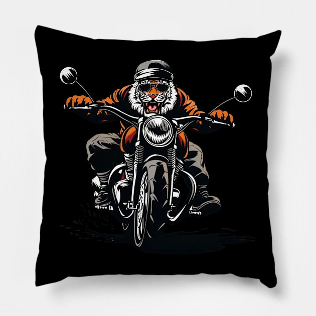 a badass tiger riding a classic motorcycle Pillow by javierparra