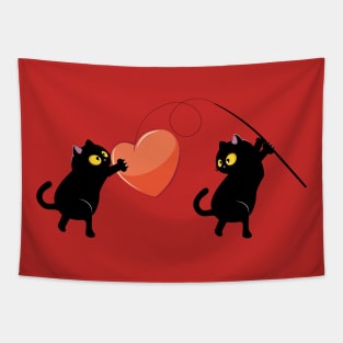 Black cat couple catch a heart Tapestry