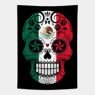 Sugar Skull with Roses and Flag of Mexico Tapestry