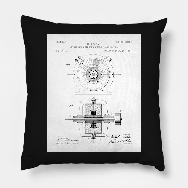 Tesla Generator Patent - Electrician Maker Workshop Art - White Pillow by patentpress