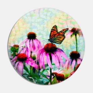 Monarch Butterfly on Pink Cone Flower Mosaic Pin