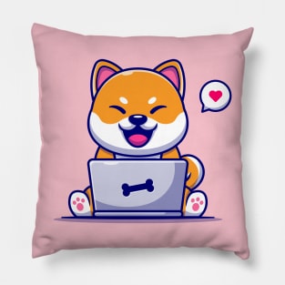 Cute Shiba Inu Dog Working On Laptop Cartoon Pillow