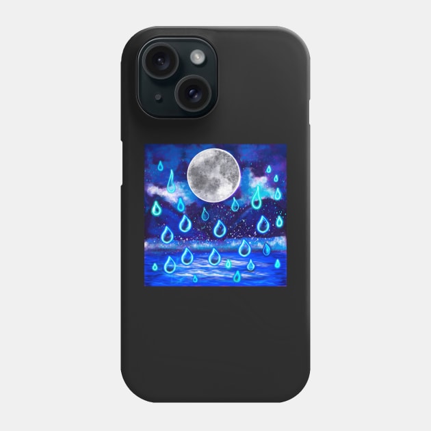 Blue Moon at midnight - Full moon in the rain, midnight landscape with raindrops falling into Water Phone Case by Artonmytee