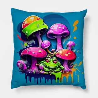 Cottagecore Graffiti Frog And Mushrooms Pillow