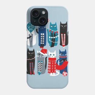 Feline Christmas vibes // print // blue background blue white and black kittens Phone Case